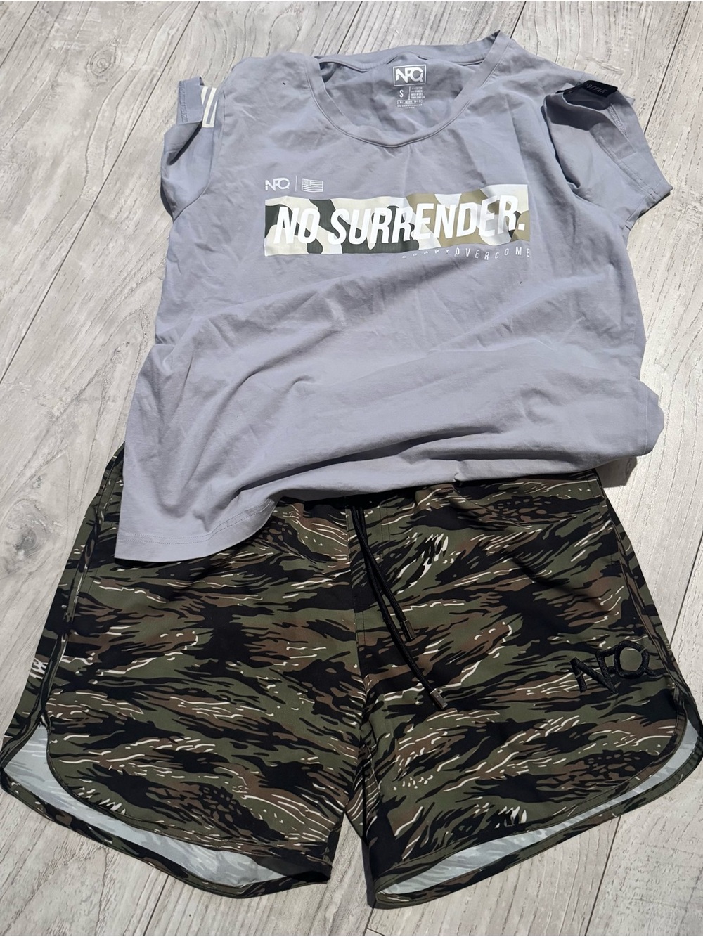 NFQ No Surrender Men's Athletic Shorts - Gray Tee & Camo Shorts